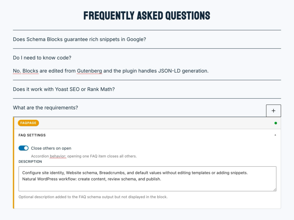 FAQ Schema block interface in WordPress