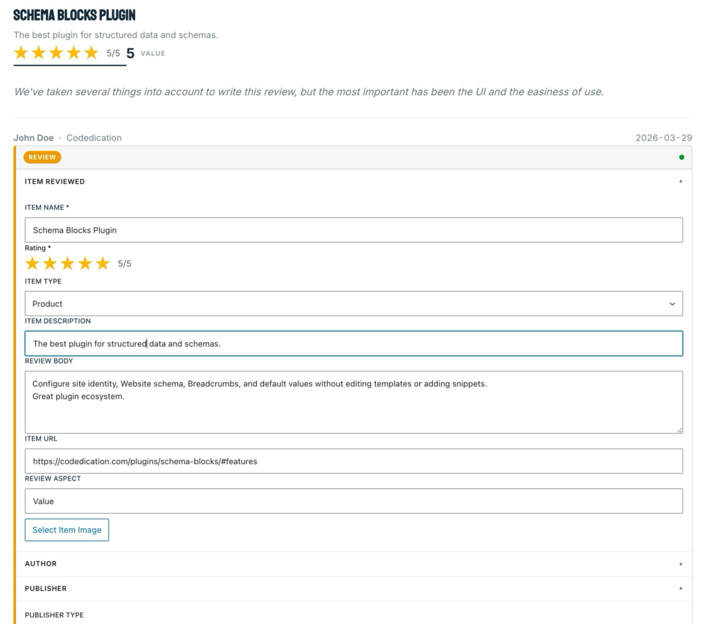 Review Schema block interface in WordPress
