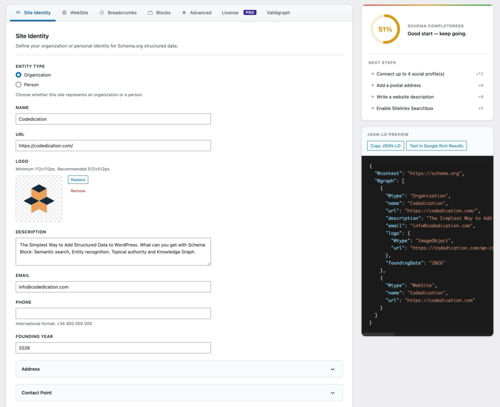 Schema Blocks settings panel in WordPress